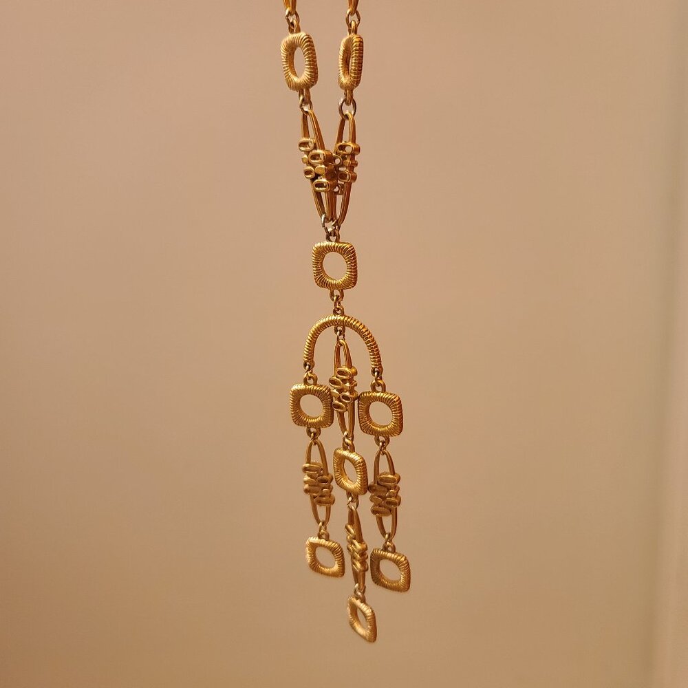 Vintage Crown Trifari Tassel Gold tone geometric 17" sautoir Y 1950s-60s
